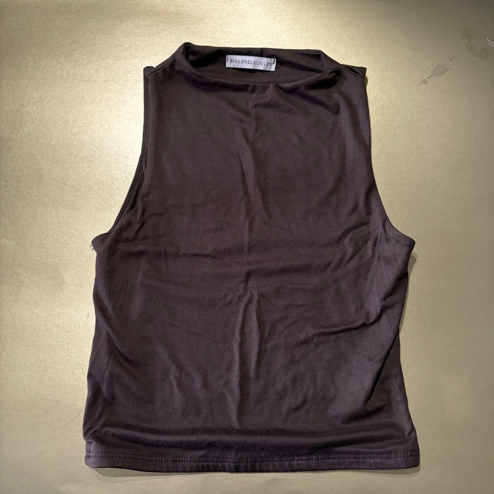 Sincerely Jules Womens Mock Neck Sleeveless Tank Top Espresso Brown Minimalist